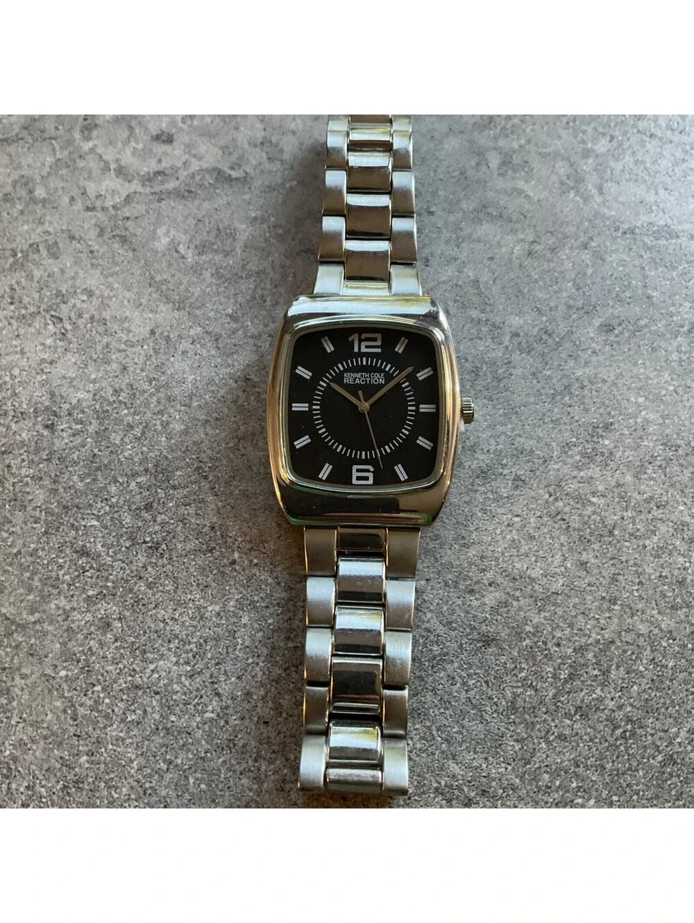 Kenneth Cole Reaction Men's Tank Style Watch 36mm Silver Tone Case Black Dial ~E